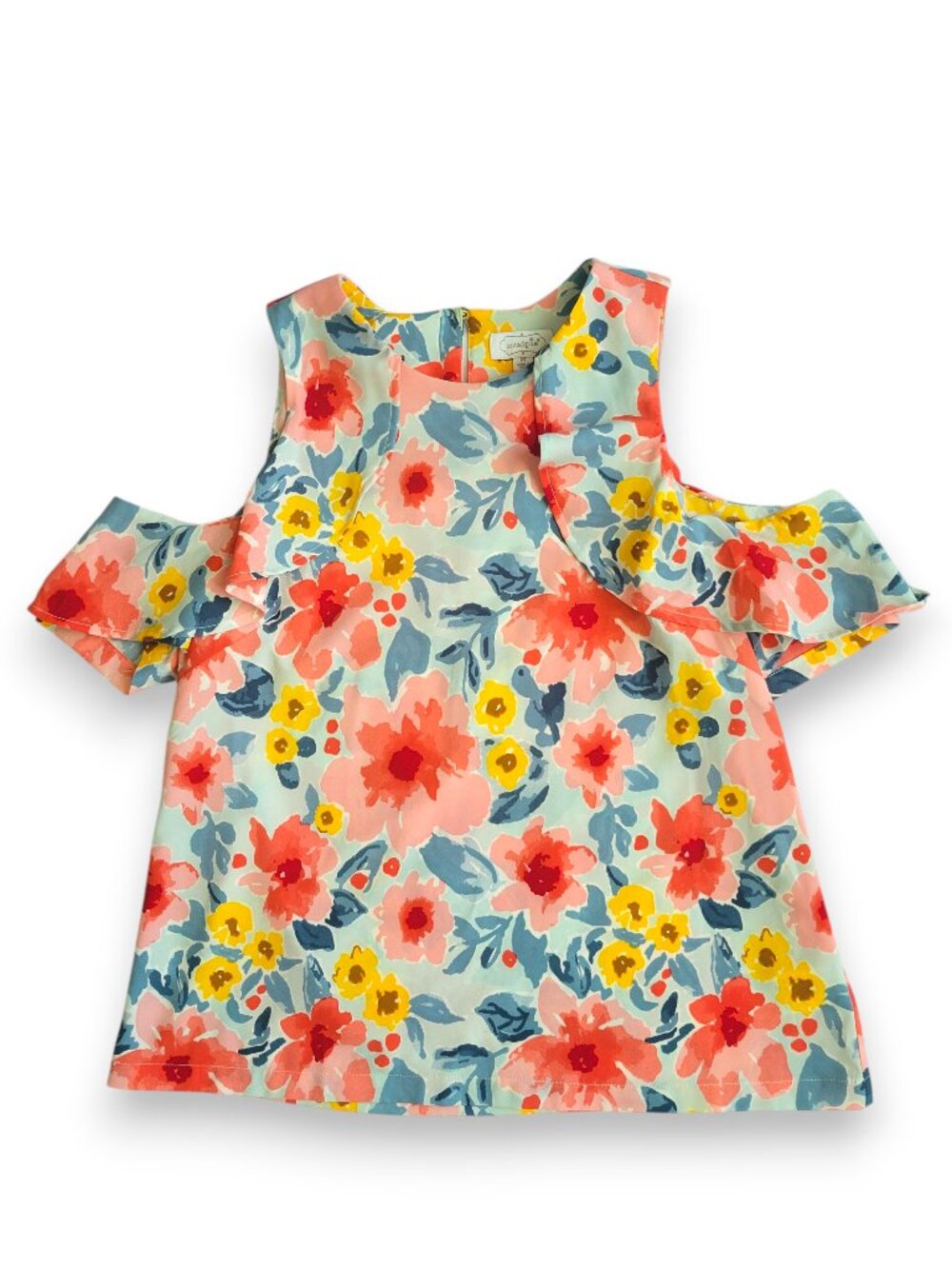 Mud Pie Women's M Watercolor Floral Cold Shoulder Ruffle Blouse Top